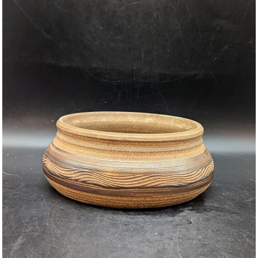 Vintage Stoneware Studio Art Pottery Brown Incised Bowl Signed Mi 8"